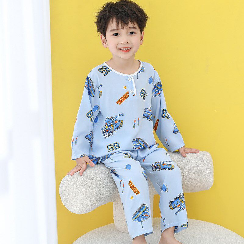 新品夏季儿童睡衣男童女童空调服宝宝长袖L棉绸薄款家居服小孩短