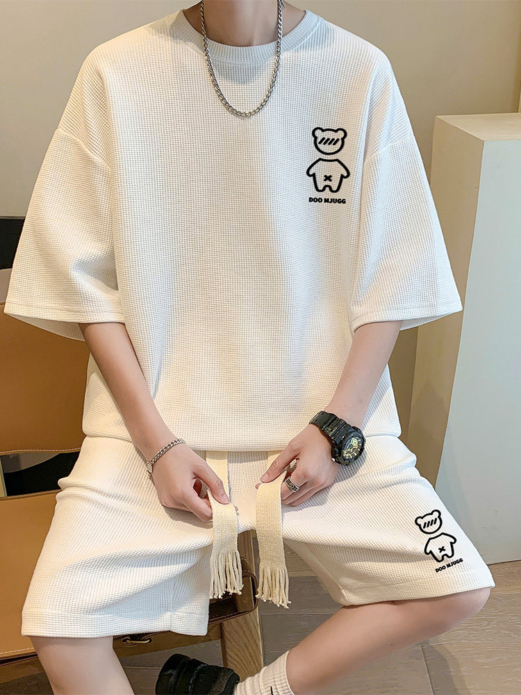 潮牌华夫格短袖T恤男生夏季薄款运动套装潮流ins宽松大码休闲男装