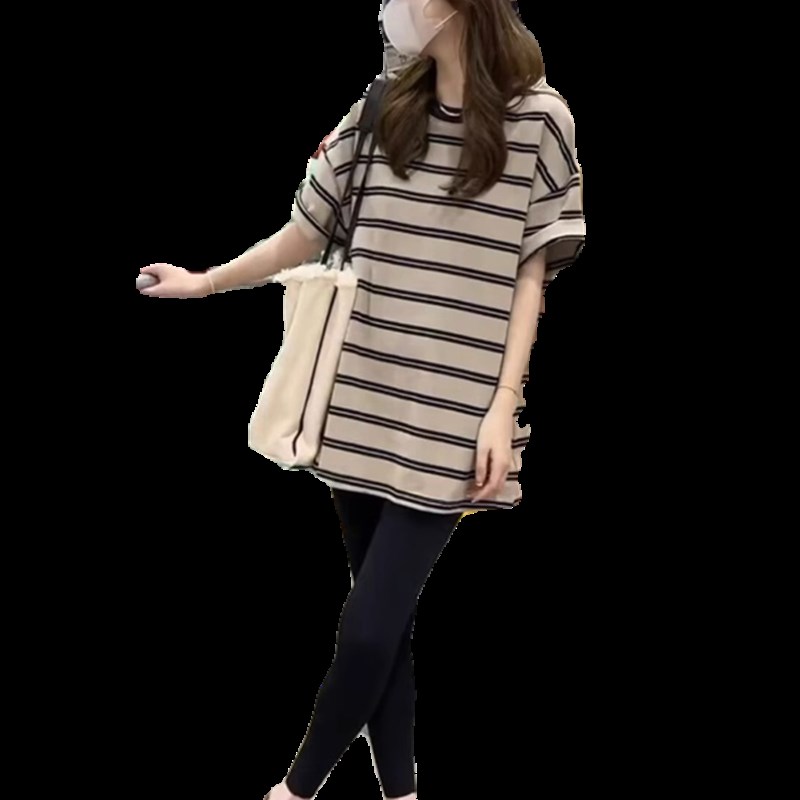 孕妇上衣夏季套装时尚纯棉中长款大码女装夏天薄款条纹短袖t恤潮