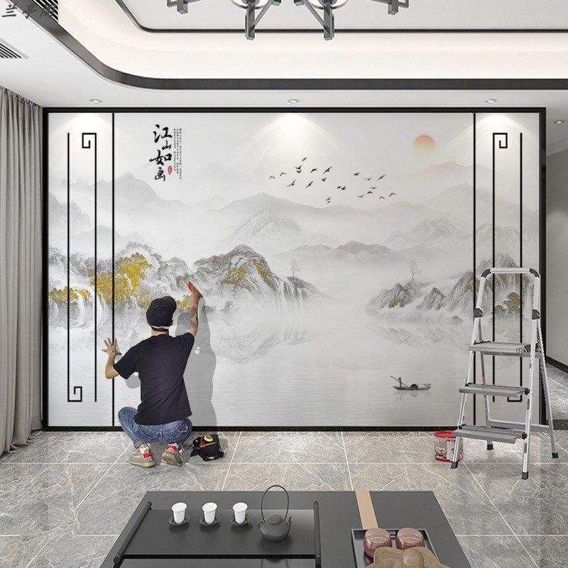 江山如画电视墙背景墙壁纸新中式立体壁布客厅自带假边框整张墙纸