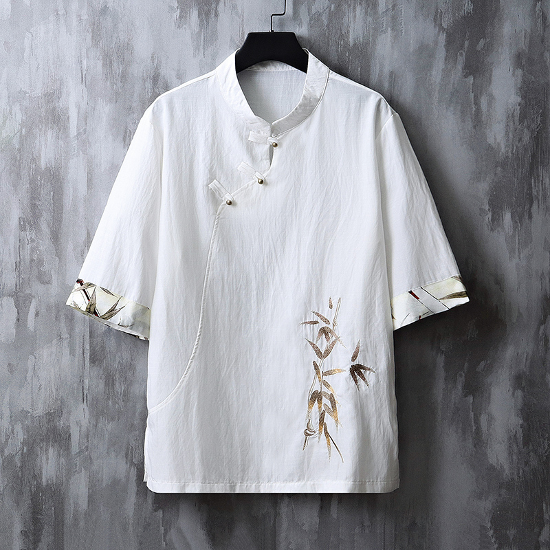 中式夏季薄款斜襟复古汉服短袖中式宽松刺绣唐装T恤中国风男装T恤