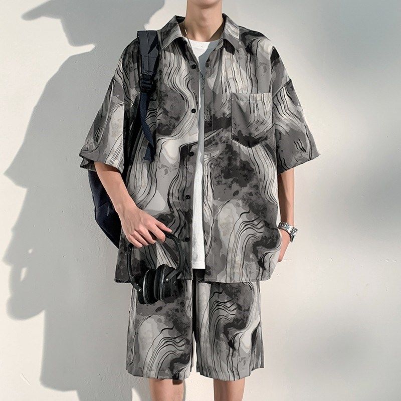 新中式国风冰丝沙滩套装男士w夏季薄款宽松高级感休闲衬衫短裤夏,男装,其他套装,淘宝优惠券,粉丝福利购,淘宝优惠卷