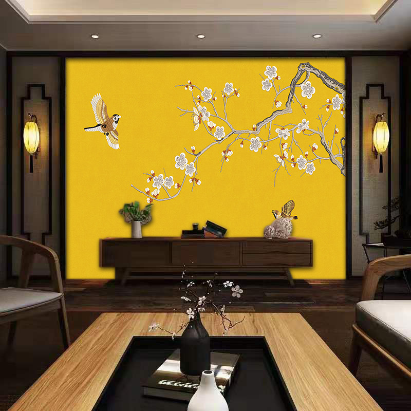 独秀现代中式墙布独绣刺绣壁布电视墙沙发背景花鸟绣花新款客厅布