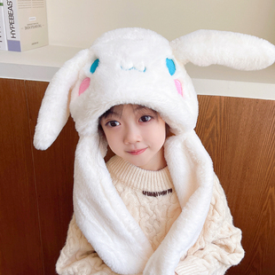 女孩男童毛绒围巾连帽一体防风雷 速发小兔子耳朵会动儿童帽子冬季