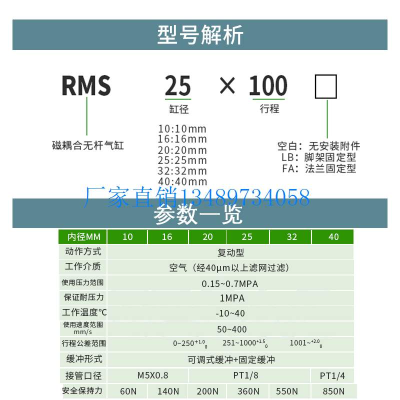 推荐厂家亚德客型RMS无杆气缸RMS10/16/20/25/32/40X100X200X300-