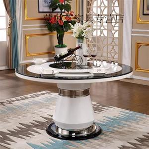 极速欧式餐桌圆形欧式大理石圆形餐桌椅组合黑白色简约现代带转盘