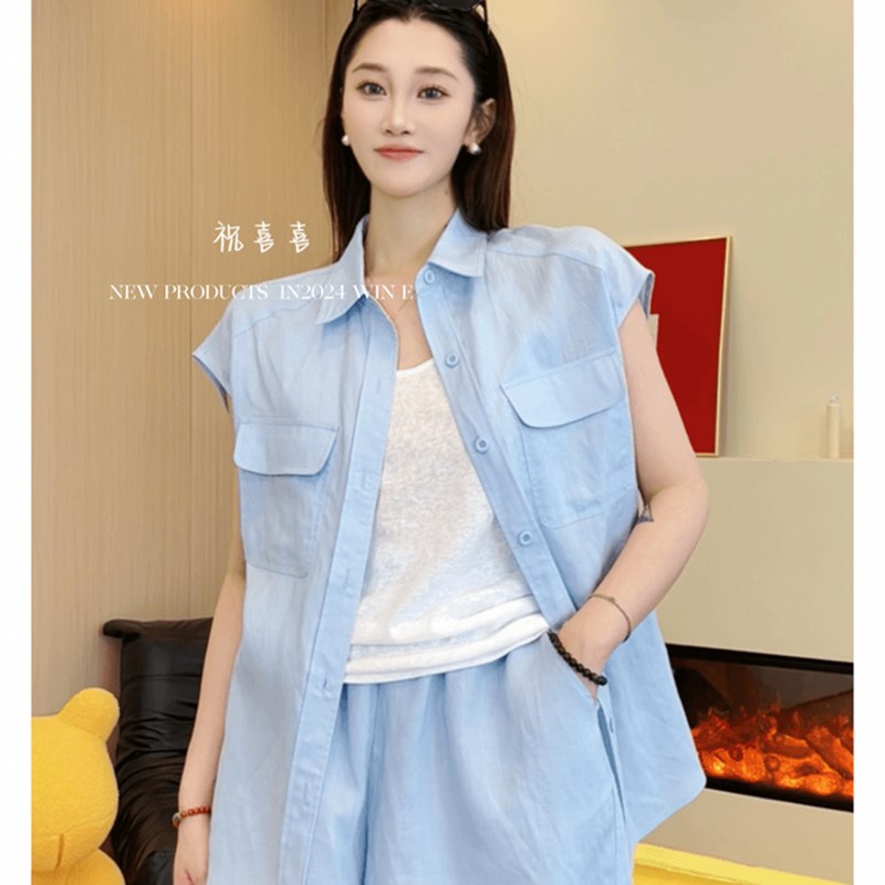 热销休闲职业套装女蓝色马甲衬衫茶系穿搭一整套高级短裤新款两件