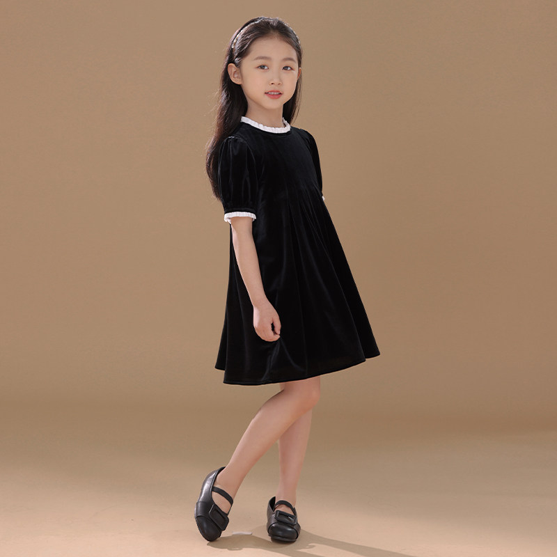 现货女大童短袖h洋装夏季薄款母女装裙子A字公主裙金丝绒黑色礼服