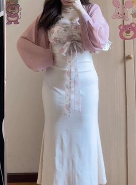 大码胖妹妹唐宫国风碎花吊带裙显瘦遮肚H包臀收腰连衣裙+开衫套装