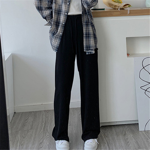 产后大长腿春秋阔腿裤高腰螺纹棉宽松显瘦系带直筒休闲长裤女