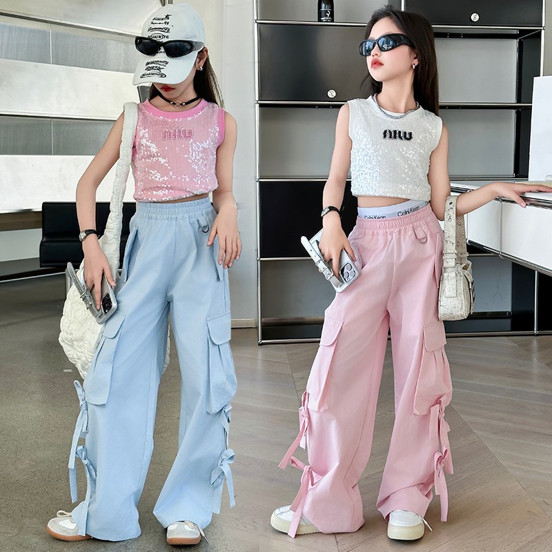 女童背心亮片洋气时髦外穿短款炸街舞短款夏女孩儿童吊带无袖上衣