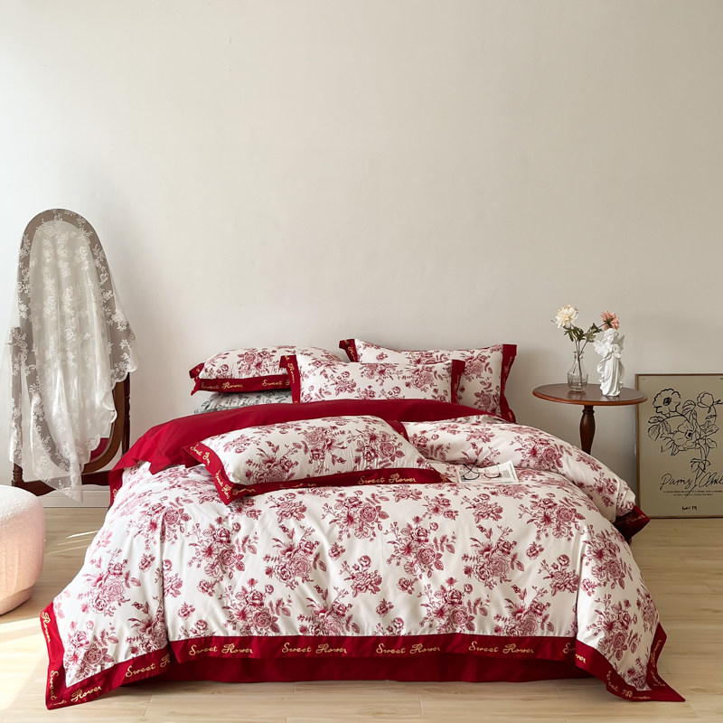 中式奢华大红色婚庆四件组结婚牀单牀上用品牀笠喜U庆婚嫁简约婚