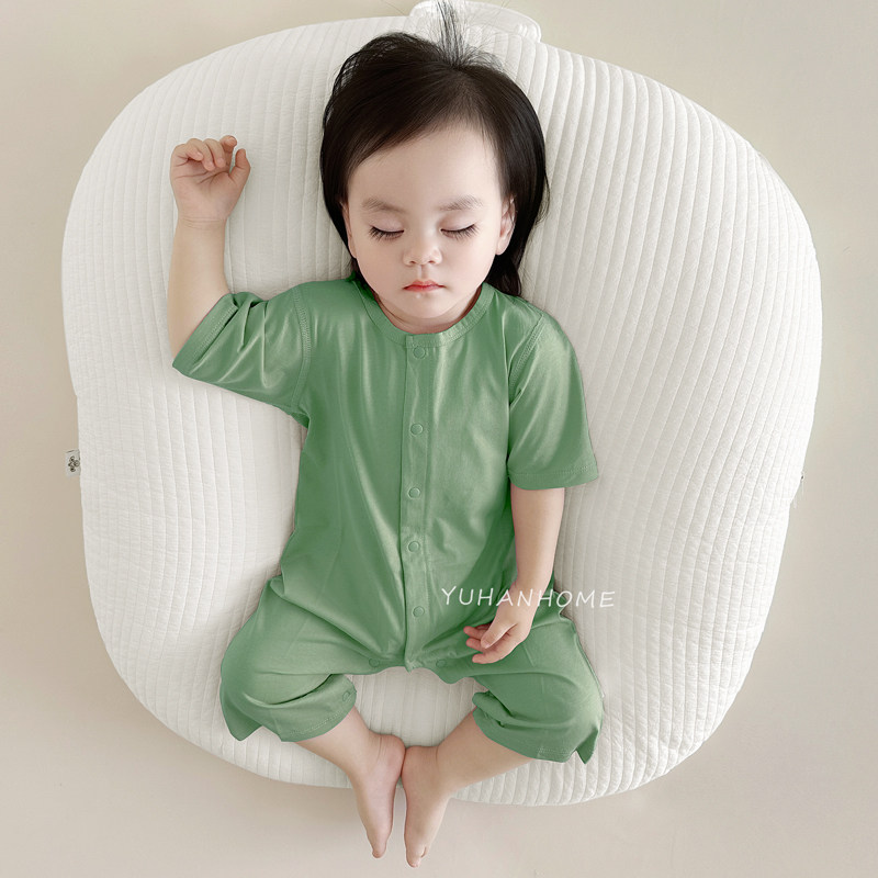 婴儿连体衣夏装薄款中袖九分裤无骨爬服哈衣婴幼儿宝宝睡衣空调服
