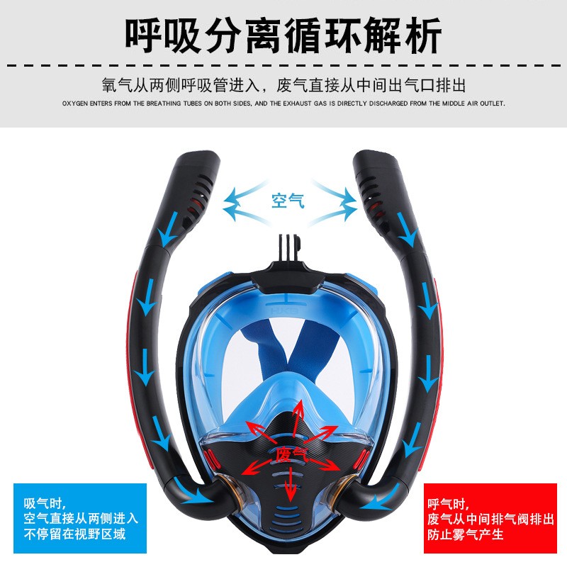 厂家新款全脸浮潜面罩双s管硅胶全干式潜水面罩成人游泳面具潜水