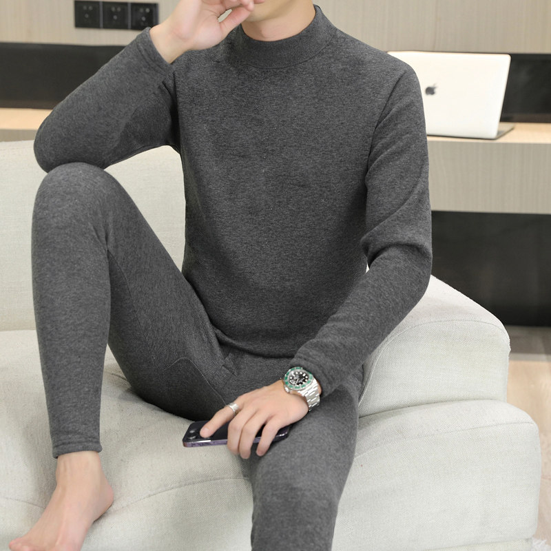 秋衣卫生裤纯棉套装男士春秋冬季内衣圆领提花保暖中青年棉毛衫