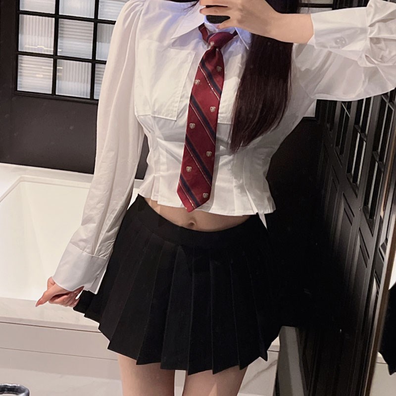 现货纯欲风收腰衬衫女pjk制服修身显瘦长袖衬衣设计感别致内搭短