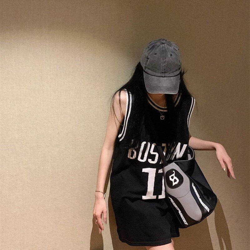 潮牌美式复古字母印花背心女夏休闲减龄中长款篮球服无袖T恤上衣