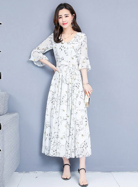 春夏装新款CX11女装喇叭袖长裙大摆雪纺连衣裙纸样版纸图做衣服