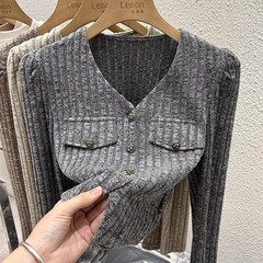 2024秋冬V领泡泡袖T恤女修身加厚羊绒内搭打底衫洋气短款开衫上衣