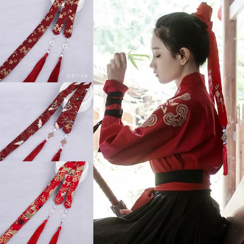 超仙古风苏发带束发飘带红色儿童古风丝带发圈男女古装配汉服头饰