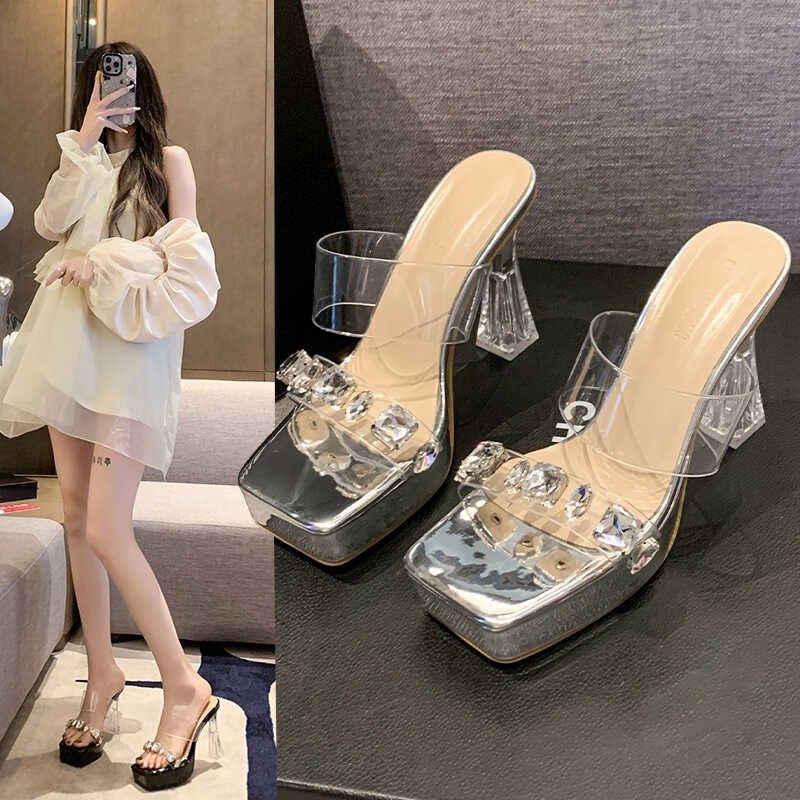 10CM超高跟鞋车展粗跟水钻凉拖透明水晶防水台模特走秀恨天高女鞋,女鞋,一字拖,淘宝优惠券,粉丝福利购,淘宝优惠卷