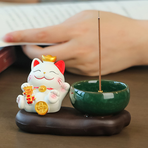 现货新中式招财猫家居书房茶桌茶台摆件I茶道茶宠香插香炉装饰品