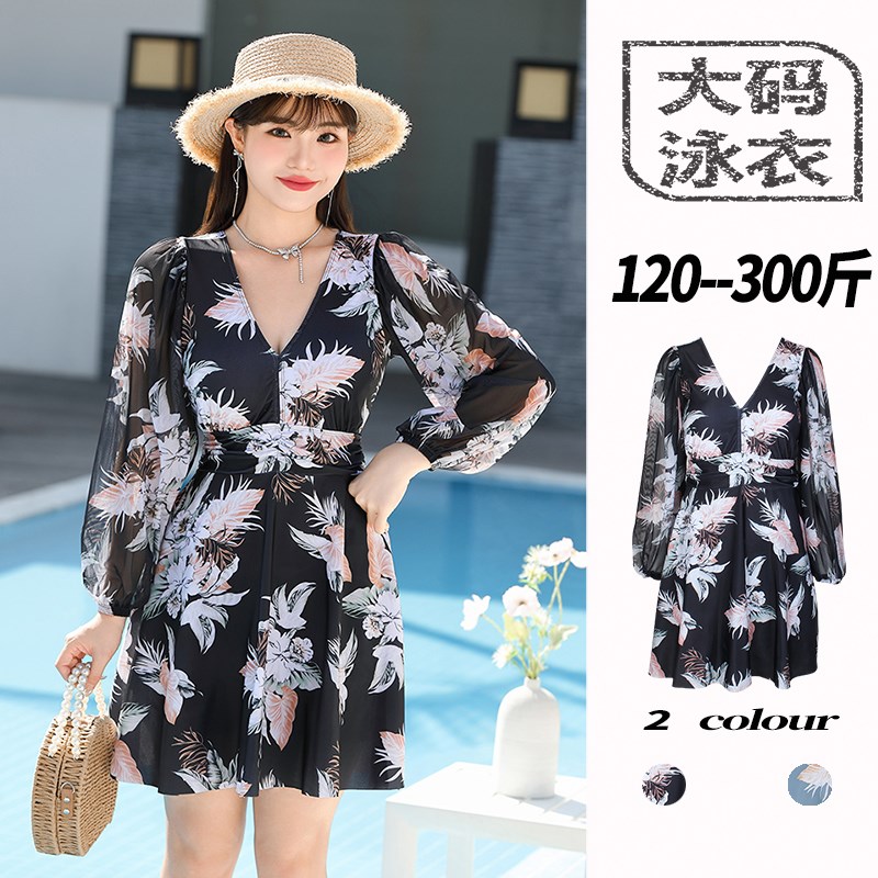 女士泳衣大码遮肉连体长袖胖妹x妹遮肚子300斤泡温泉裙式保守200