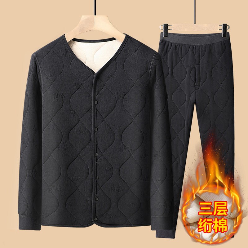 爸爸秋衣秋裤套装男士加绒加厚棉衣中老年人爷爷棉服保暖内衣棉袄