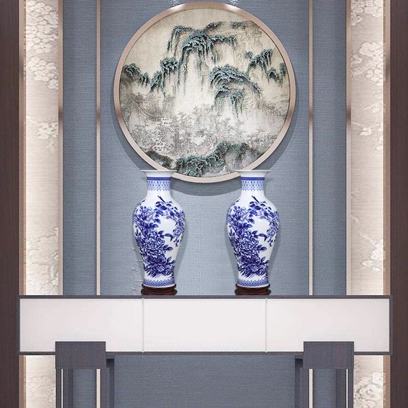 鸡毛掸子收纳瓶插鸡毛掸子的花瓶仿古青花瓷摆件客厅富贵插花干花