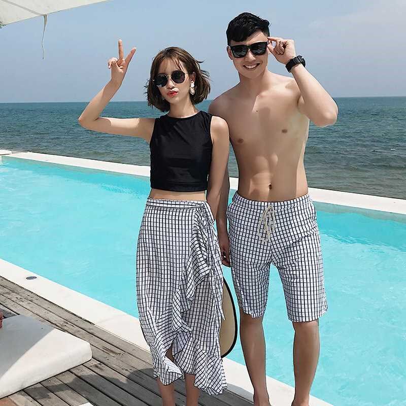 情侣泳衣女三件套分体平角显瘦保守韩版时尚小清新度假温泉女泳衣