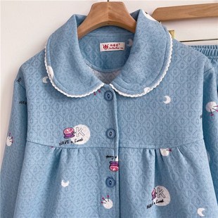 妈妈睡衣女士秋冬季空气棉夹层棉睡衣中老年棉质宽松款家居服套装