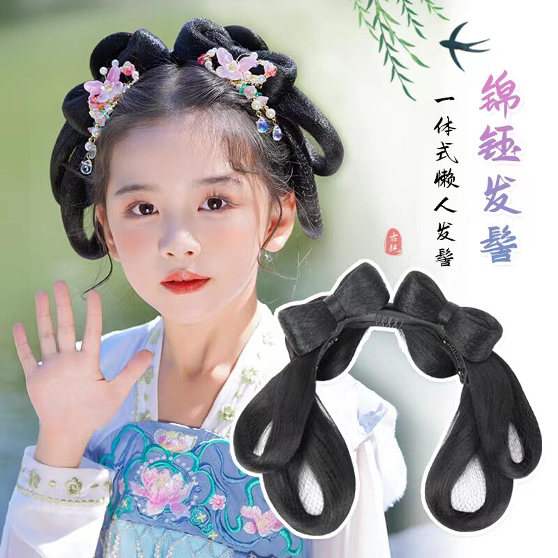 热销古装汉服头饰女儿童一体式懒人发箍假发包古风发髻头饰套装造