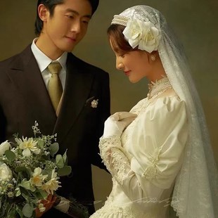 新娘法式复古珍珠蕾丝民国风头纱帽气质新娘结婚头饰影楼旅拍发饰