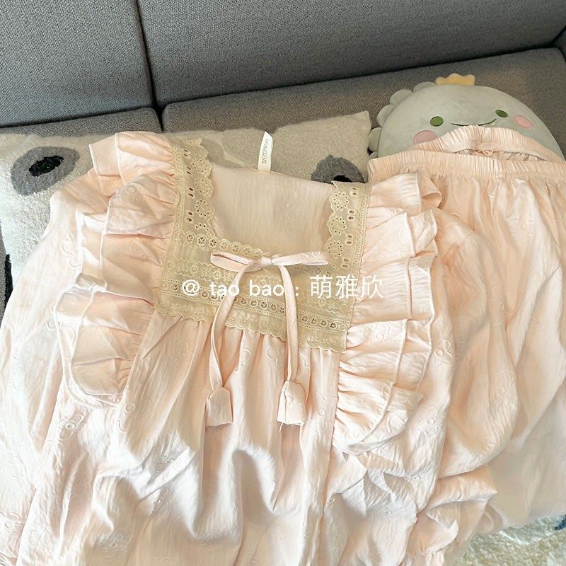 带胸垫粉色公主风睡衣女款春秋夏季云朵棉长袖长裤套装少女家居服