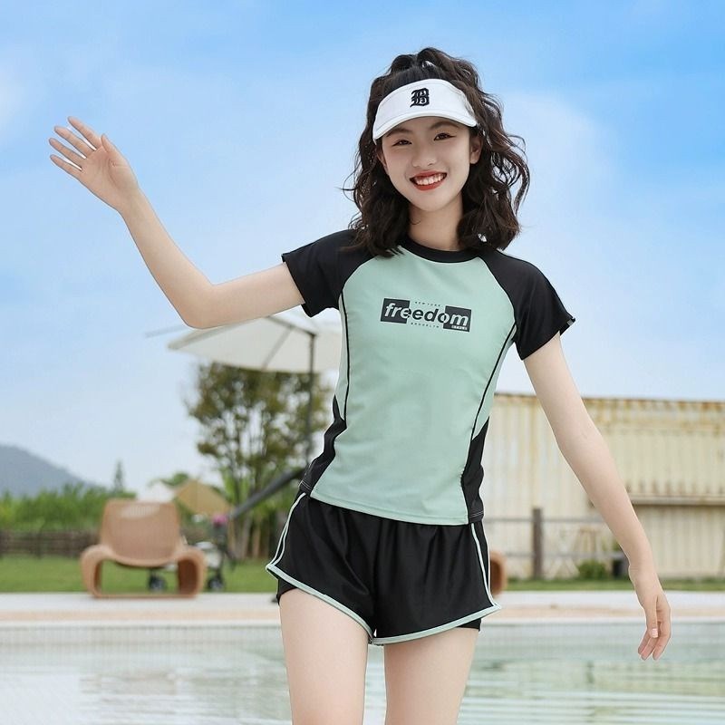 儿童泳衣女大童初中生保守女孩游泳衣青少年分体款女生12岁带胸垫