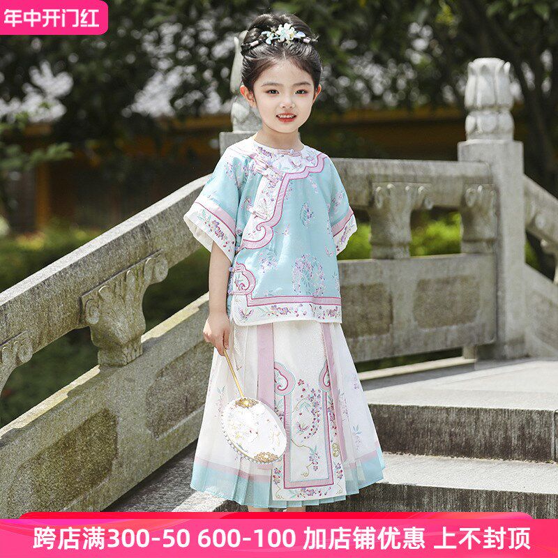 现货汉服女童夏装女孩刺绣宫廷格格服儿童高端清汉女套装中国风马