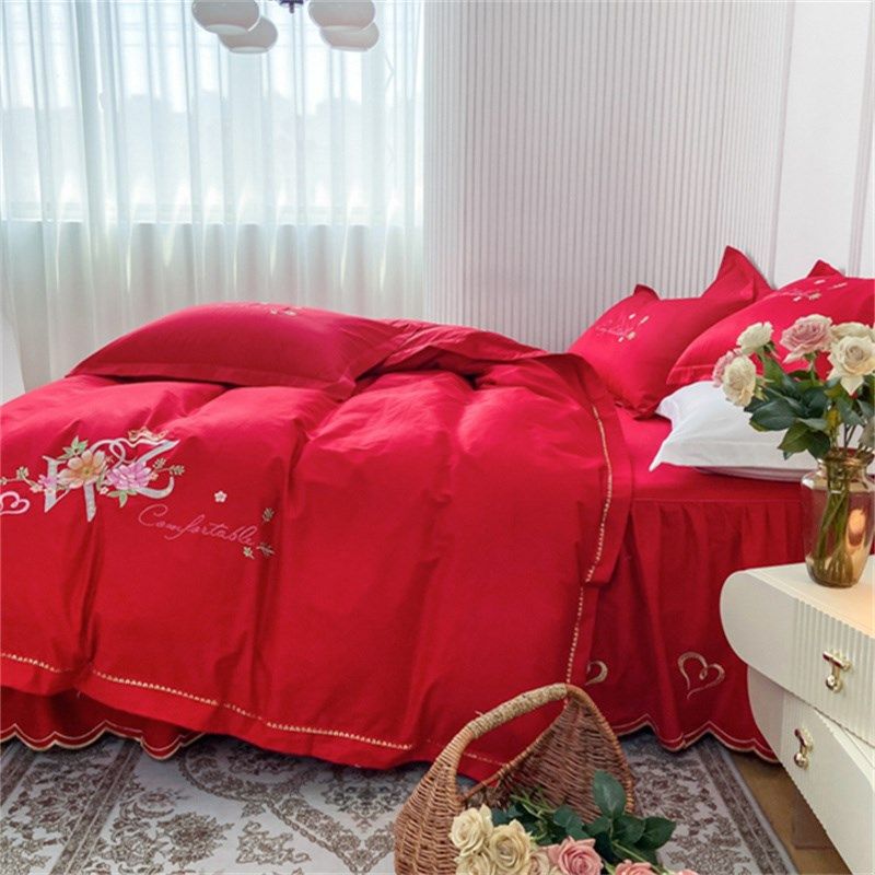 喜嫁大红色婚庆四件套床裙款式结婚床上用品全棉婚嫁刺绣被套,床上用品,婚庆床品套件,淘宝优惠券,粉丝福利购,淘宝优惠卷