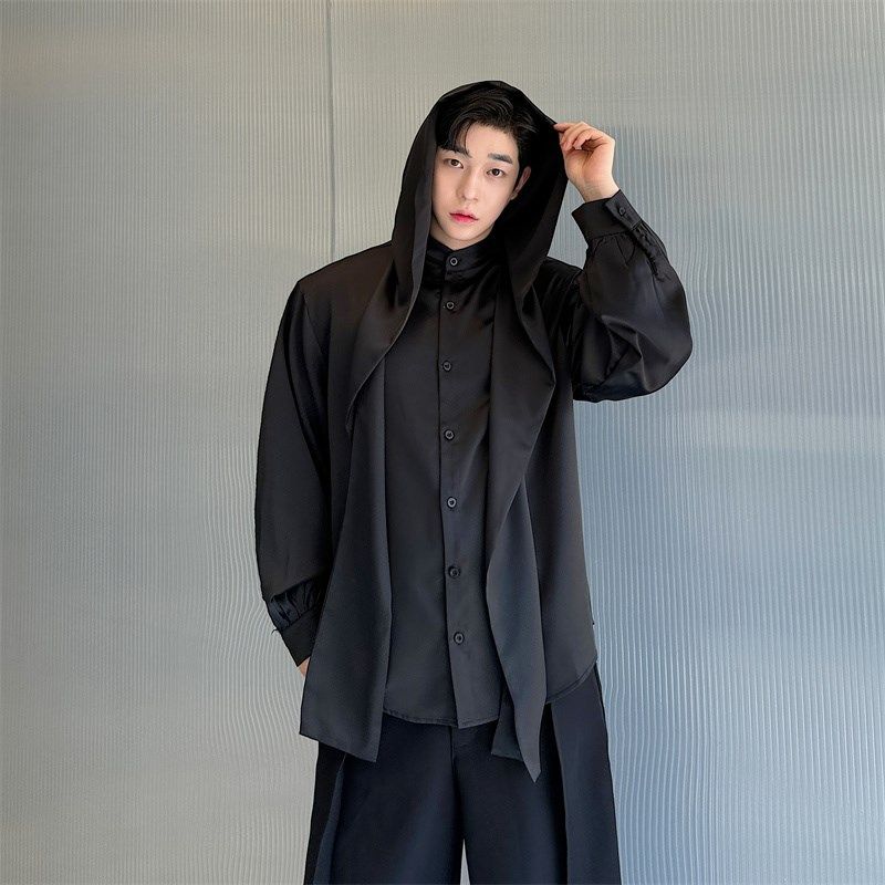 早秋高级感小众披肩连帽衬衫男长袖设计感韩版网红垂感缎面衬衣潮,男装,衬衫,淘宝优惠券,粉丝福利购,淘宝优惠卷