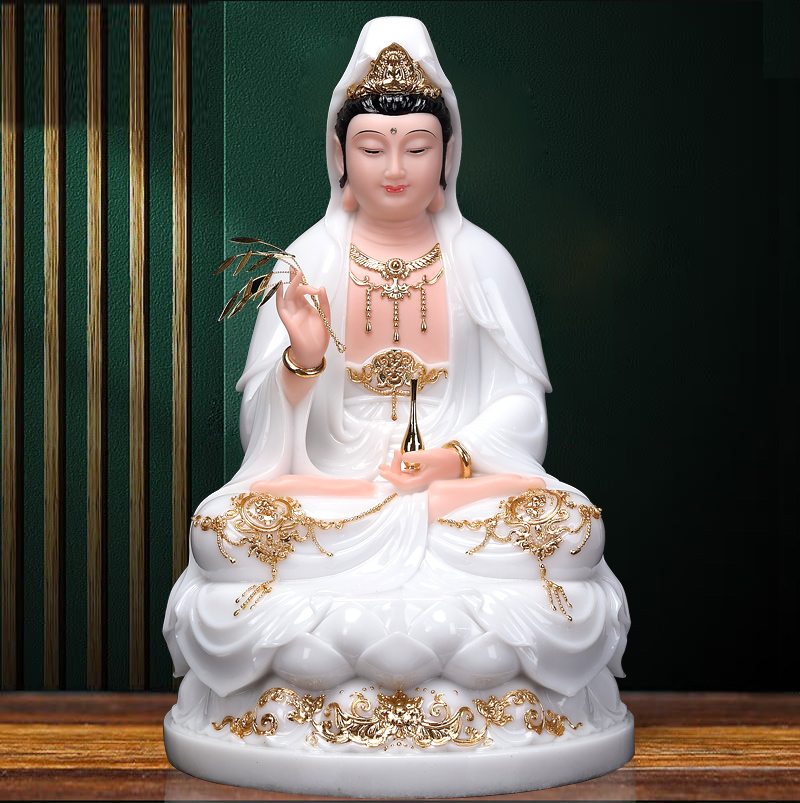汉白玉观音菩萨家用坐莲观音佛像南海观世音送子观音娑婆三圣摆件