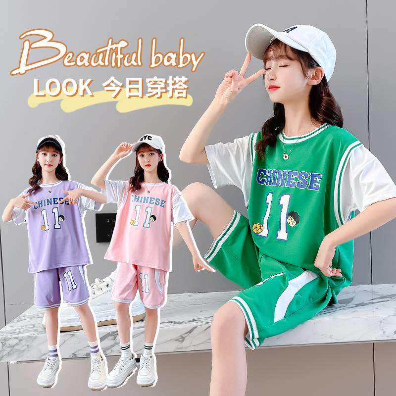 女童运动套装夏款篮球服宽松休闲短袖短裤两I件套夏季;.&&r;.&;