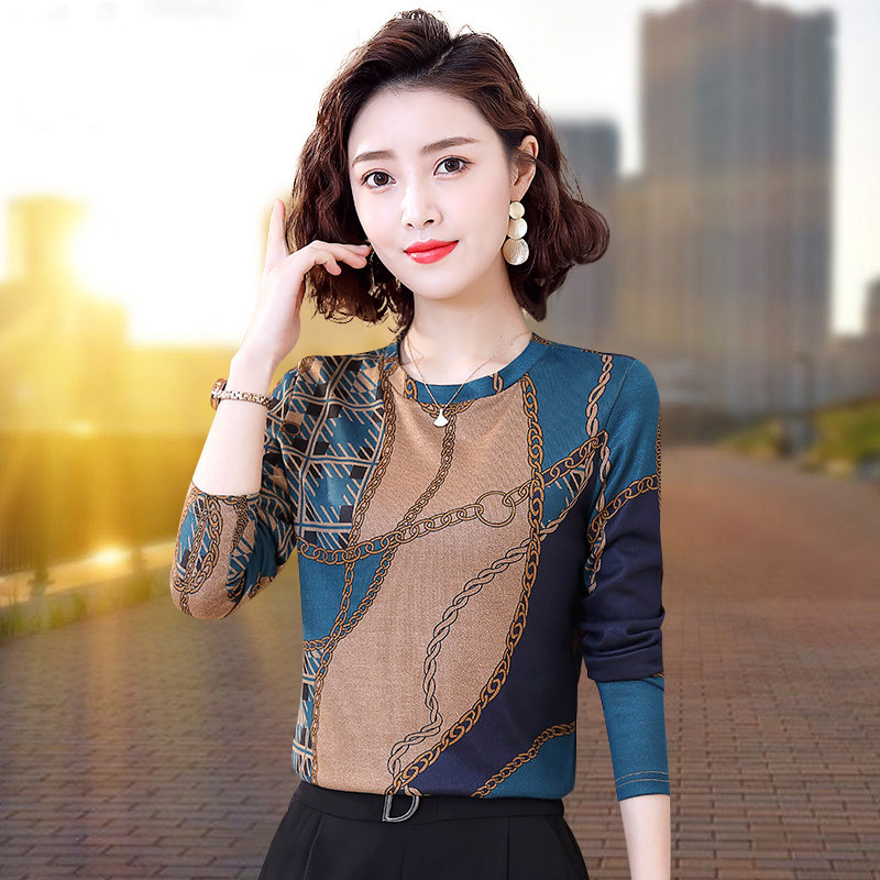 打底衫女妈妈洋气长袖圆领t恤2021年H春秋新款百搭中年上衣弹力潮