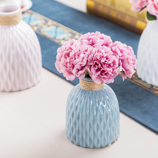 釉陶瓷花瓶波浪纹美式 复古工艺细口餐桌插花花器V北欧风创意摆件