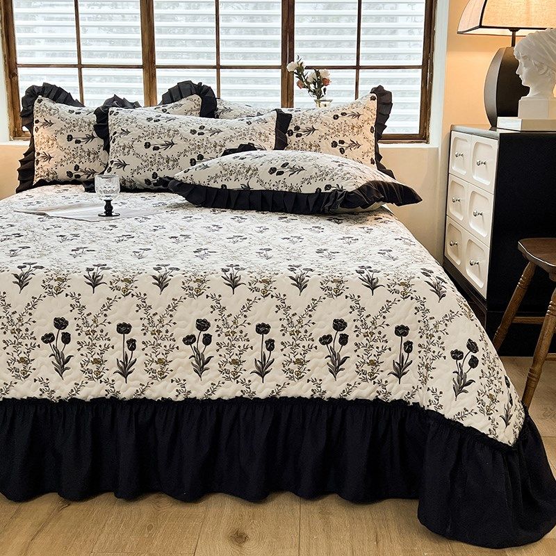 新款赫本风四季高克重夹棉床盖双层花边榻榻米炕盖加厚床单三件套,床上用品,床盖,淘宝优惠券,粉丝福利购,淘宝优惠卷