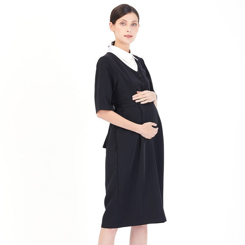 孕妇通勤商务套装黑色修身职业装春E秋西装纯棉衬衣背心过膝连衣