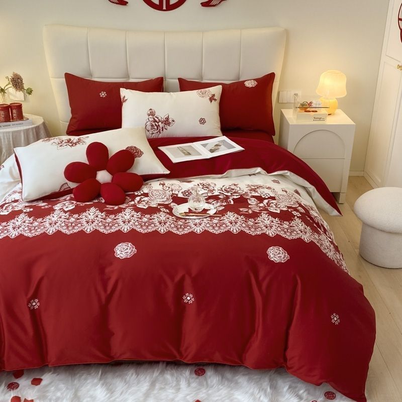 结婚四件套婚庆红色婚房喜被床单刺绣被套被单婚礼大红色床上用品,床上用品,婚庆床品套件,淘宝优惠券,粉丝福利购,淘宝优惠卷