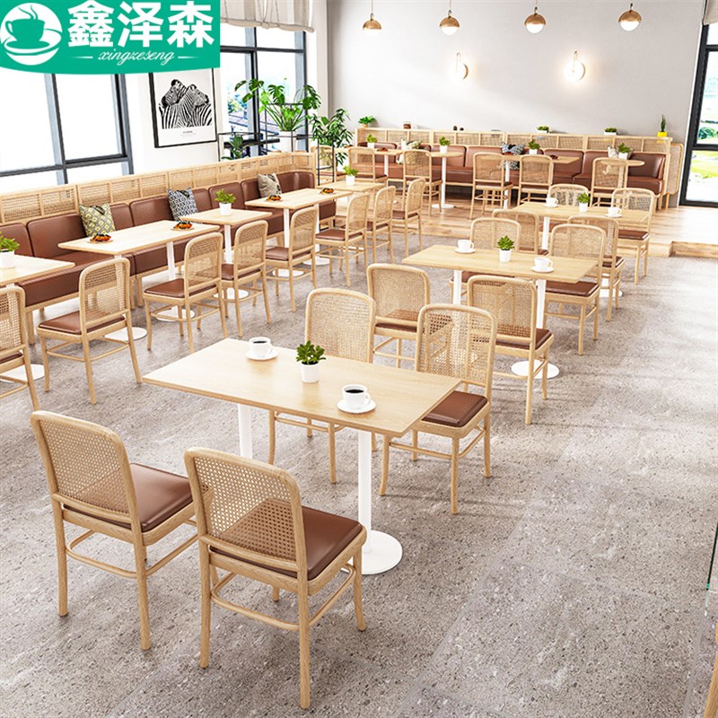 编藤实木靠墙卡座沙发奶茶店汉堡店咖啡厅餐饮餐U厅酒吧桌椅组合
