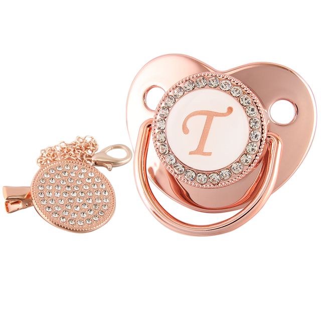 Newborn Baby Pacifier Clips Chain Rose Gold Bling Silicone I