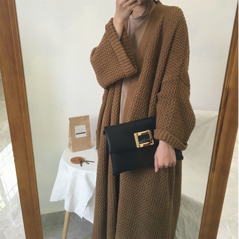 2021秋冬宽松外穿慵懒风中长款过膝毛衣外套女加厚针织开衫喇叭袖