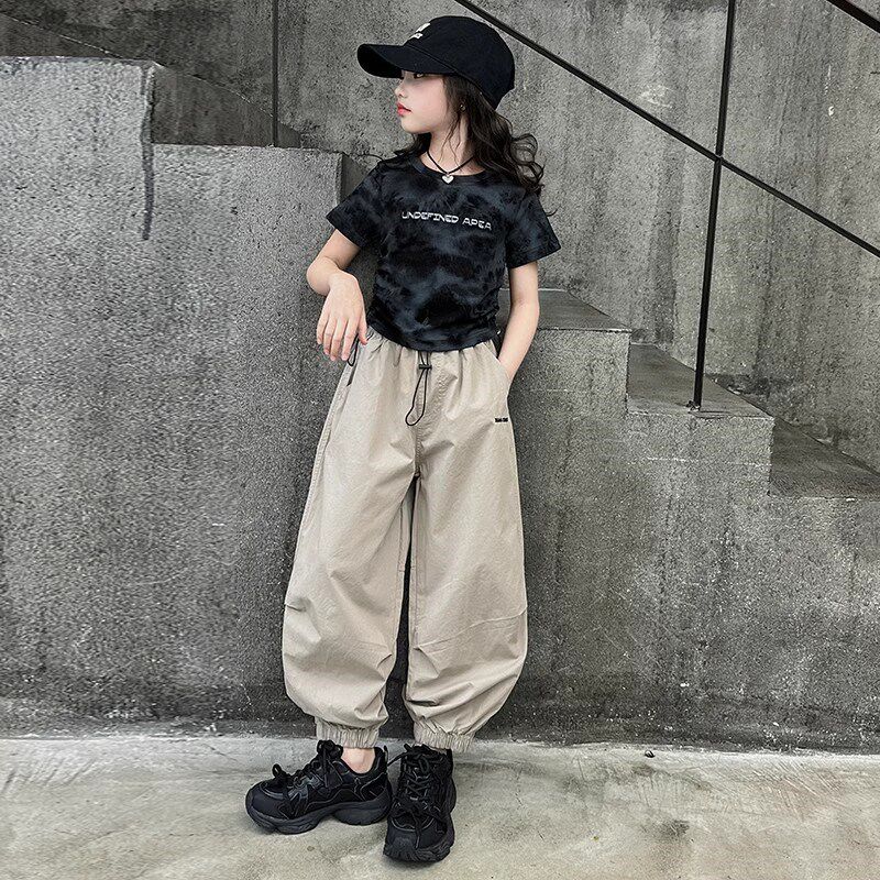 潮牌设计感女童套装夏季新款时尚洋气中大童时髦阔腿裤短袖两件套