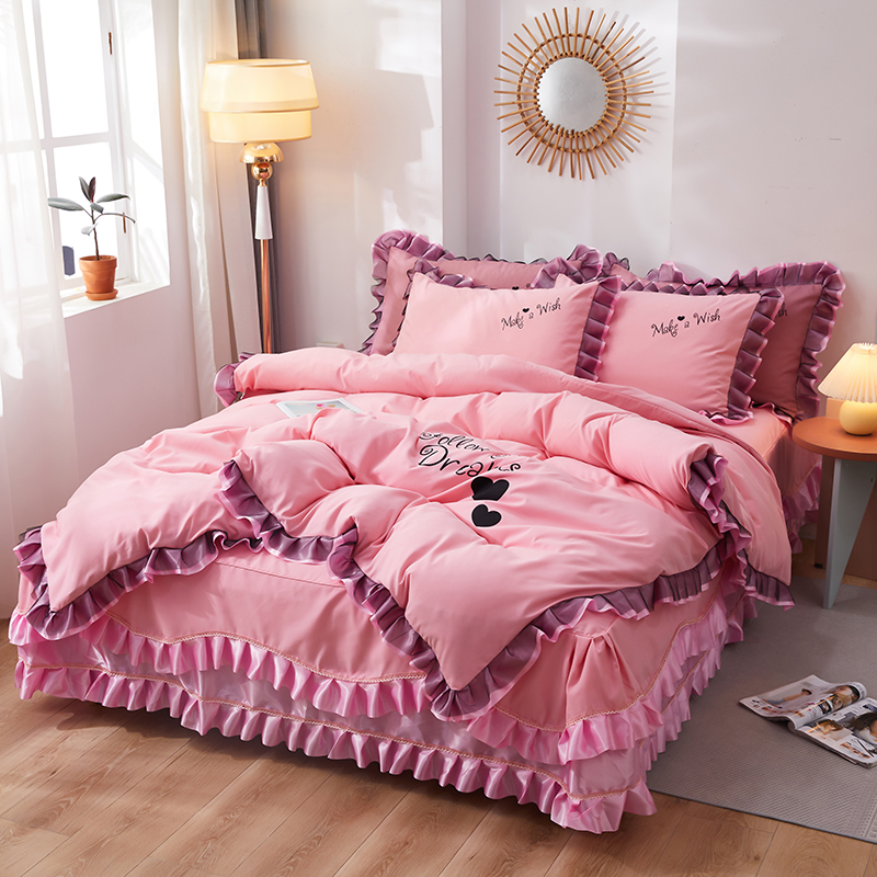 lns粉色边裙四件m套全棉纯棉被罩床垫床裙床单女装20新款连衣裙子